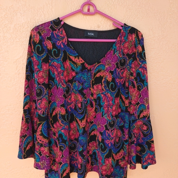 MSK Colorful Multi-Color Paisley Blouse Size L w/ Bell Sleeves - Picture 3 of 10